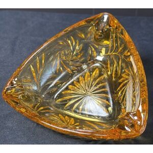 Hazel Atlas Triangle, Amber  Glass Ashtray, Leaves & Pinwheels Pattern Vintage